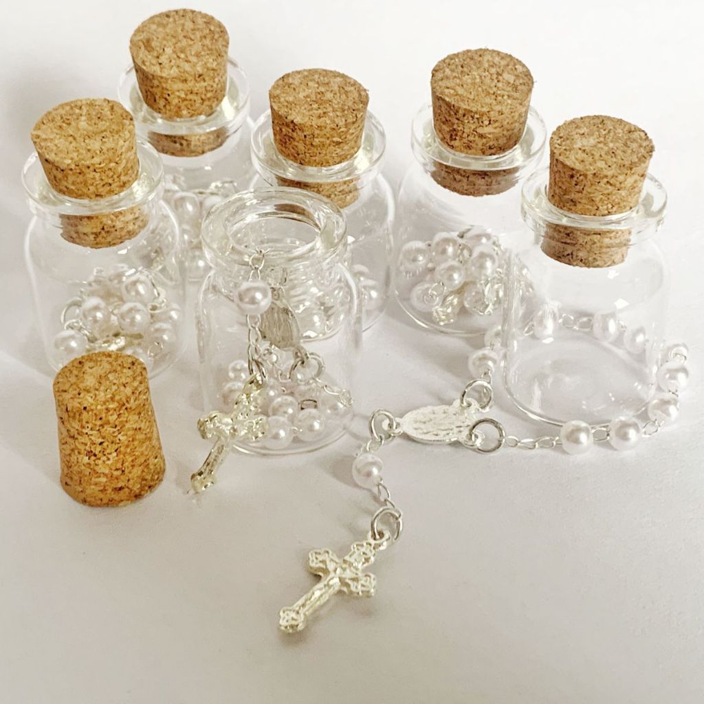50 Lembrancinha Pote de vidro com Mini Terço para Batizado Casamento Crisma Eucaristia Presente