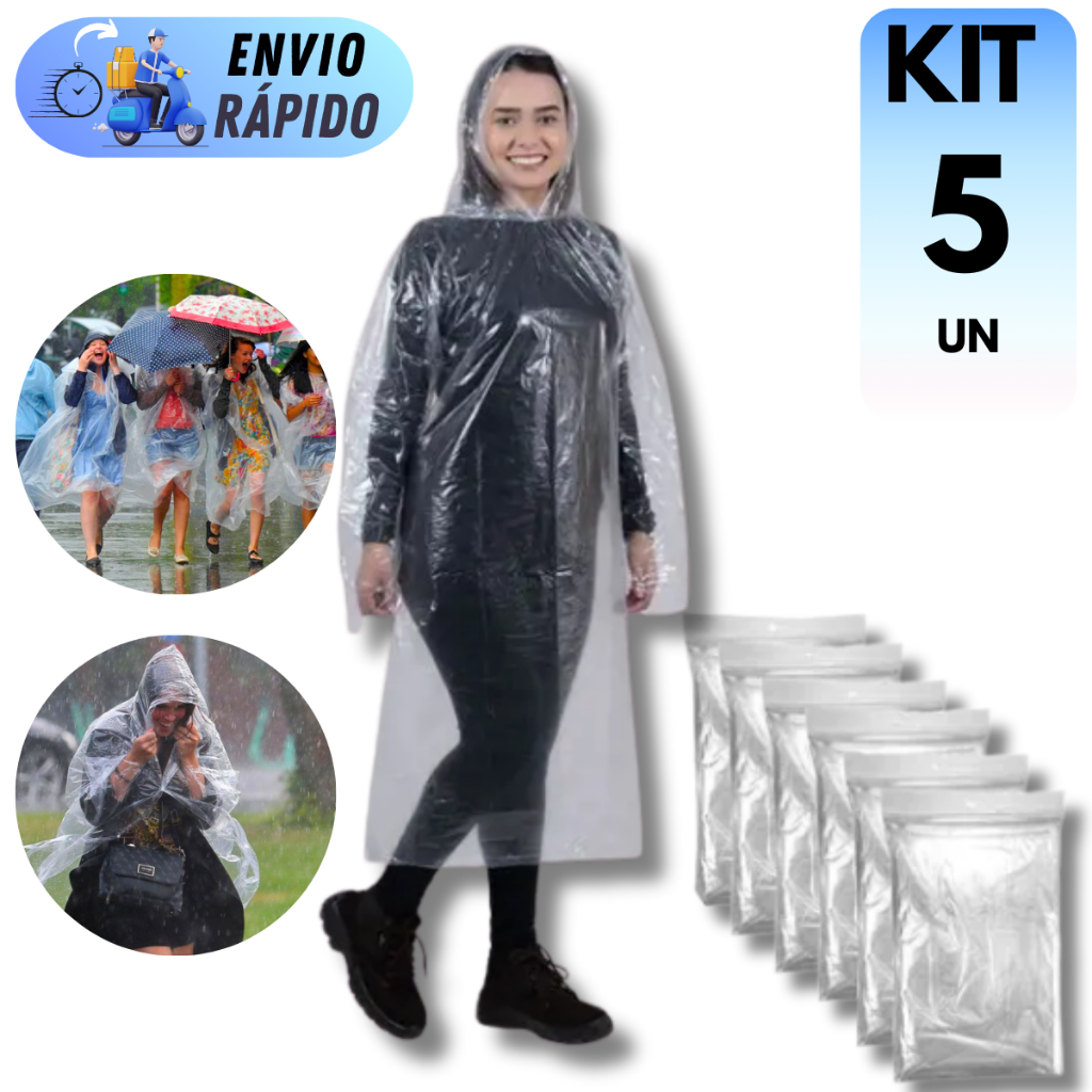 KIT 5 CAPA DE CHUVA LONGA TRANSPARENTE IMPERMEÁVEL REFORÇADA EVENTOS ESTADIO BALADA DESCARTÁVEL