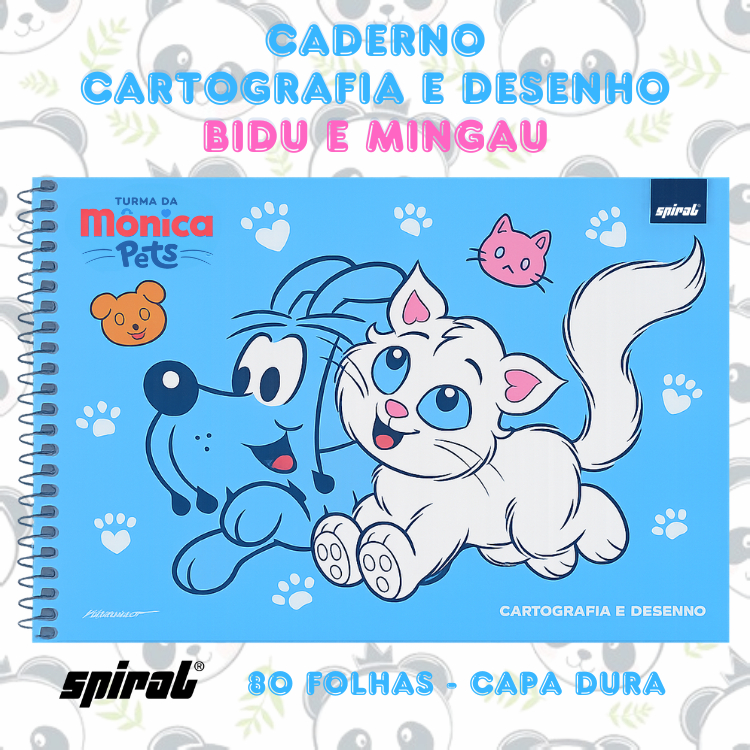 Caderno Cartografia e Desenho Capa Dura Turma da Mônica Bidu e Mingau 80 folhas | Spiral
