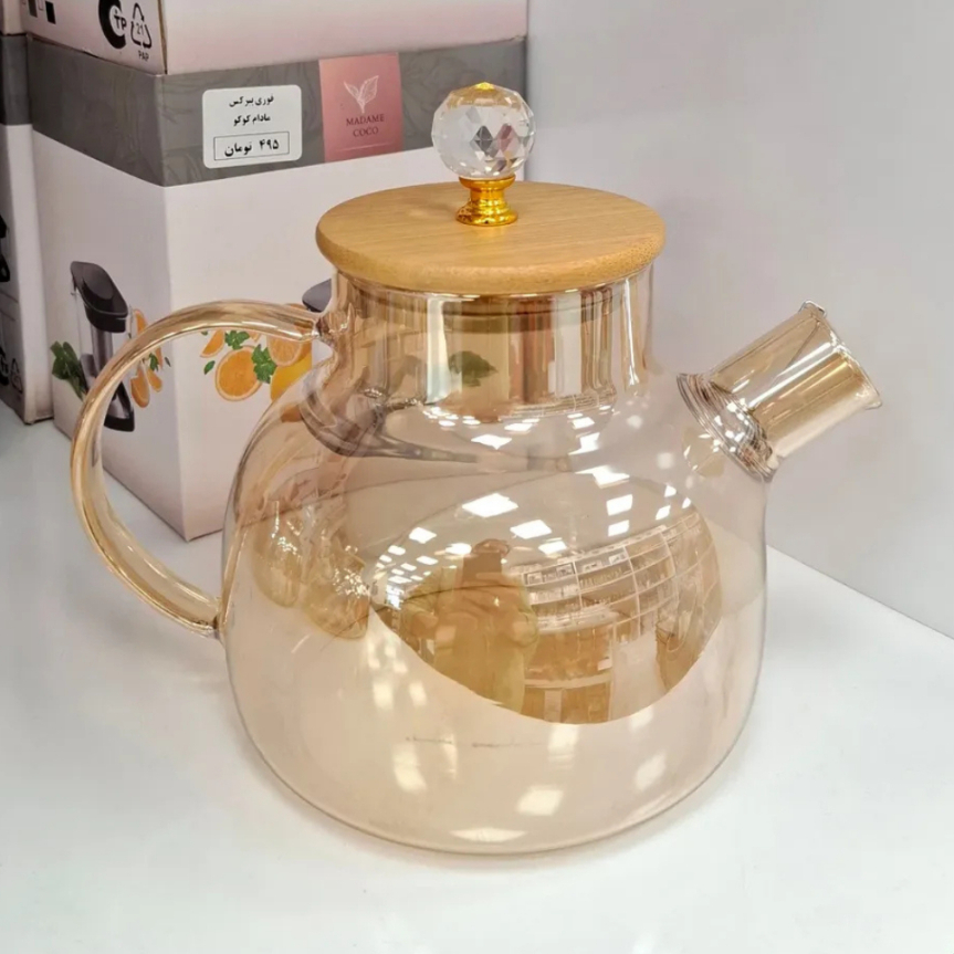 Chaleira de Vidro com Tampa Bambu Premium Borossilicato 1,8L Bule Café Chá