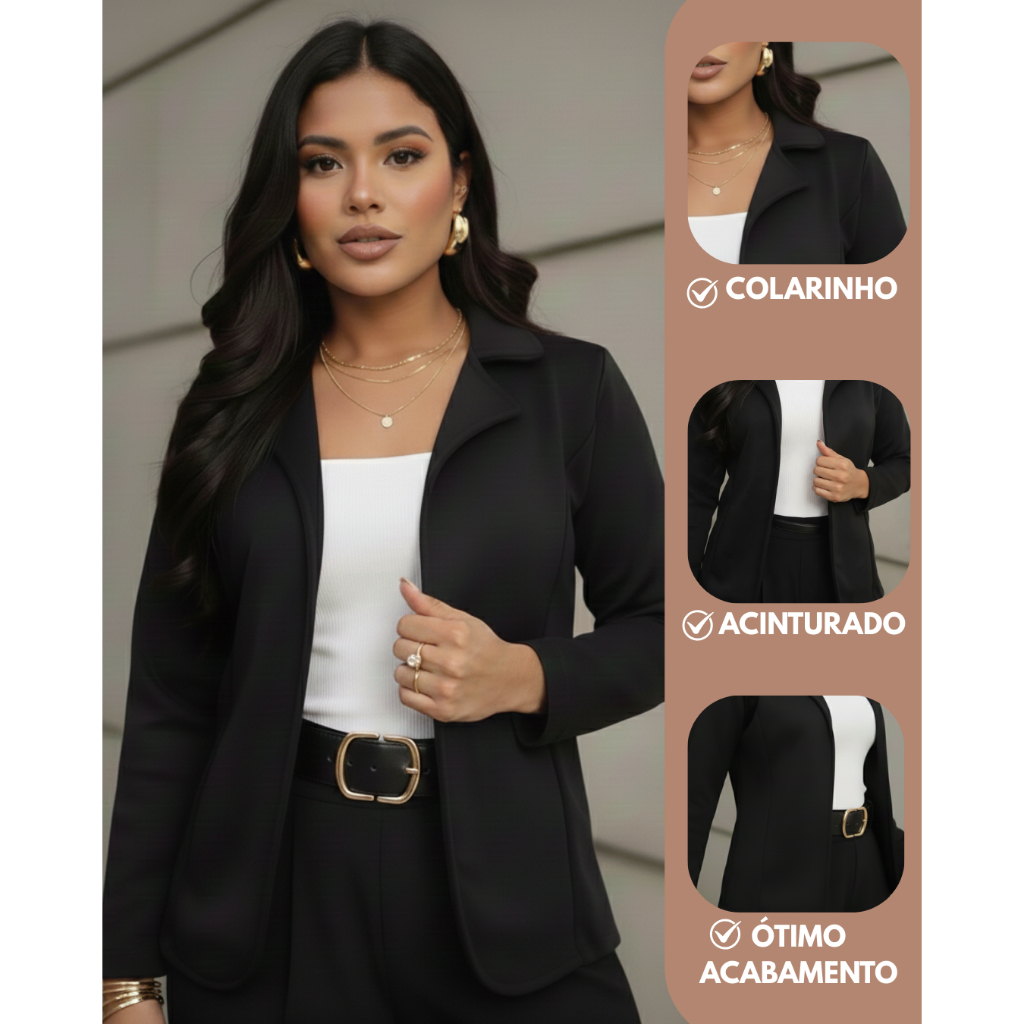 Blazer Feminino Social Neoprene Casual Sem Botao Trabalho Elegante Acinturado Slim Preto