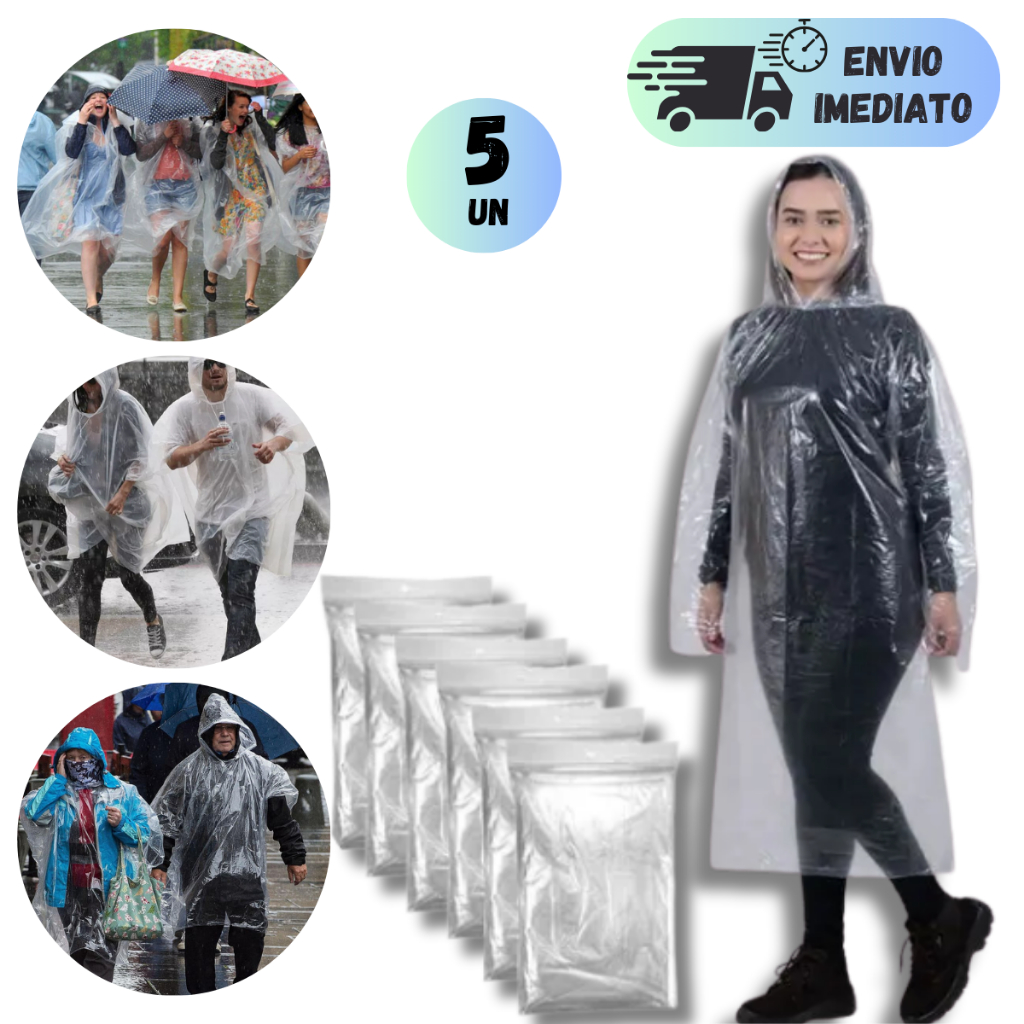 KIT 5 CAPA DE CHUVA TRANSPARENTE LONGA REFORÇADA IMPERMEÁVEL DESCARTÁVEL PARA EVENTOS ESTADIO BALADA