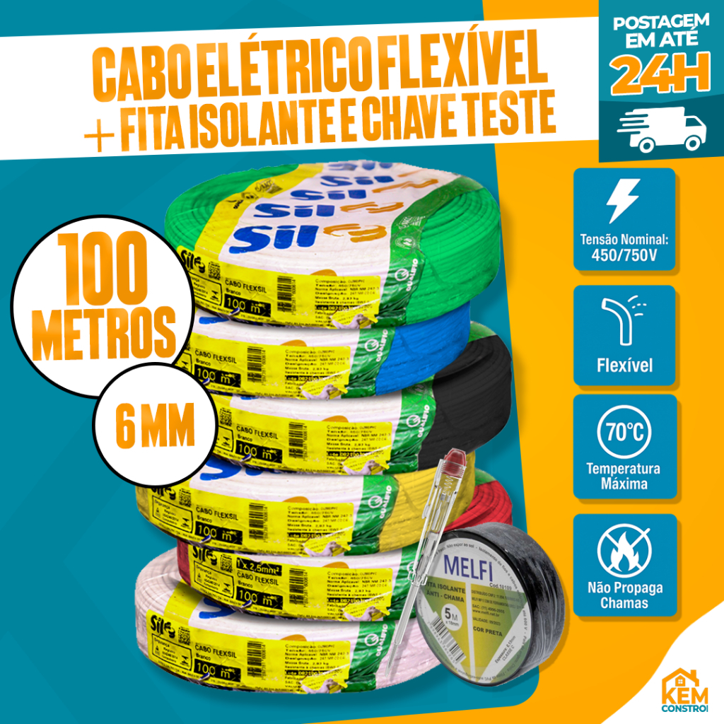 Fio Cabo Elétrico Flexível 6mm SIL 100 Metros 100% Cobre Antichama + Fita Isolante e Chave Teste