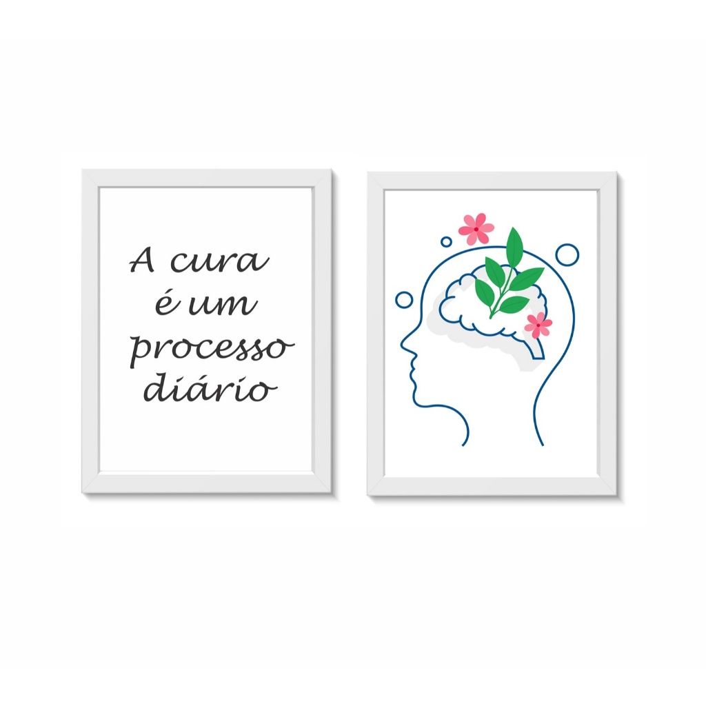 Kit 2 Quadros Decorativos Consultório de Psicologia Psicanálise Molduras 30x40cm Madeira Vidro Branca