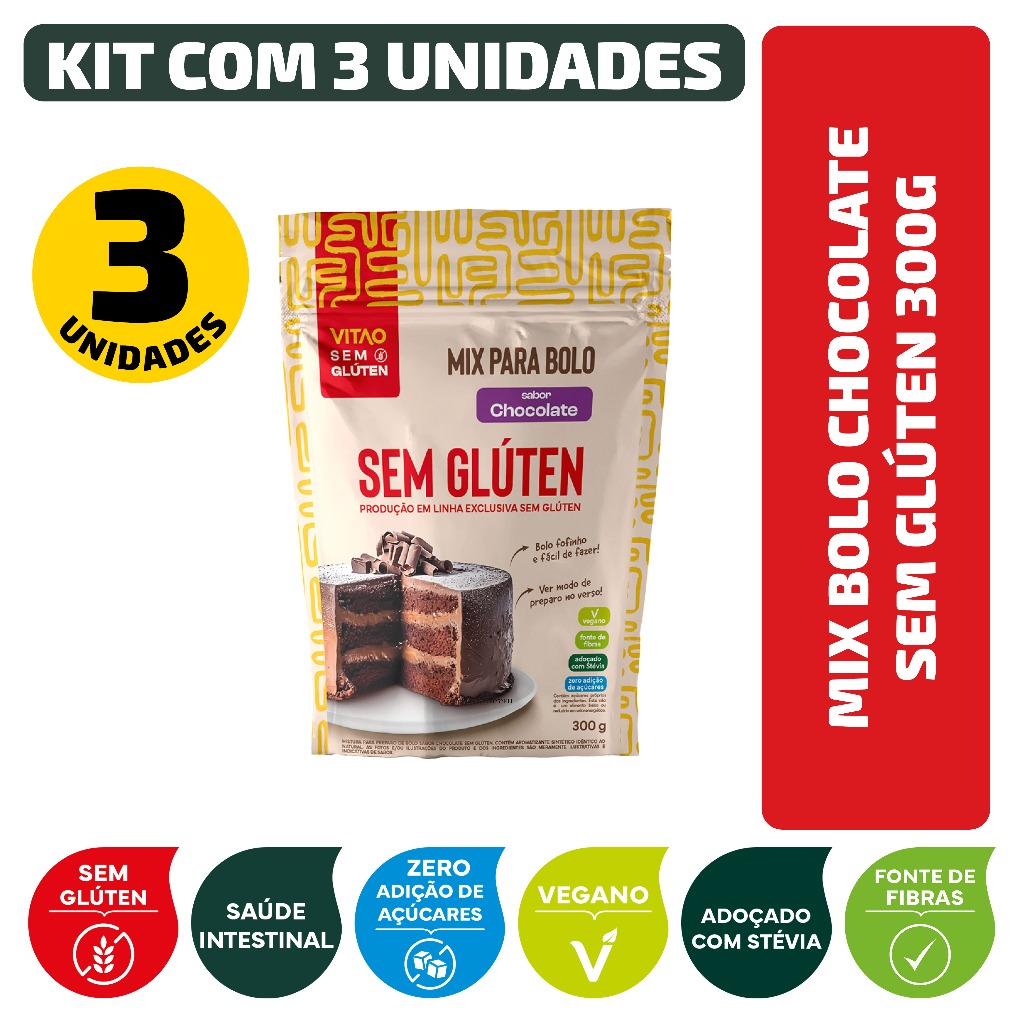 Kit Mix Bolo Chocolate Sem Glúten 300G - 3 Unidades em Oferta na Shopee