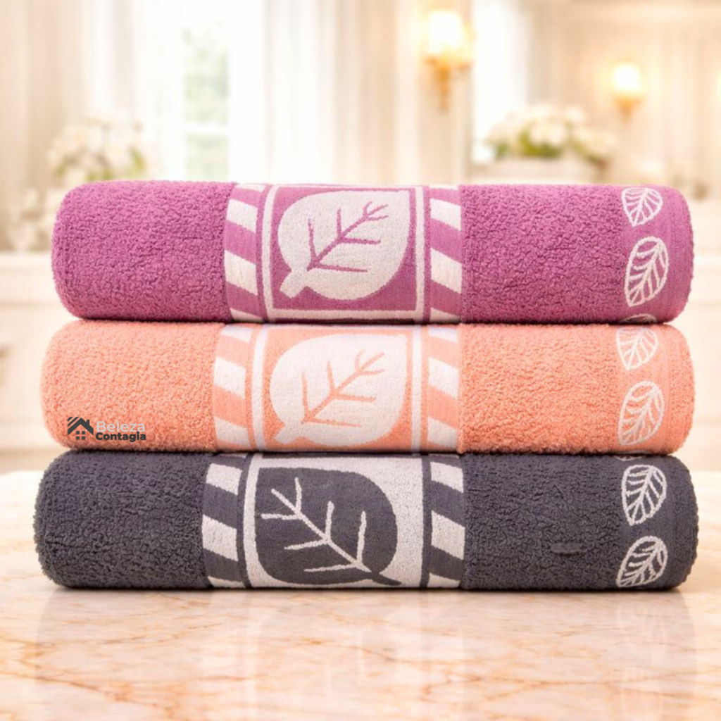 Kit c/3 Toalha de Banho Grande e Bordada Barra Folha Luxo - 100% algodão Alta Absorção em Oferta na Shopee