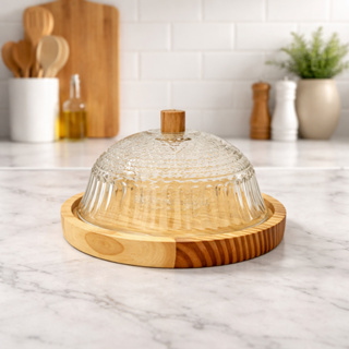 Queijeira Rústica Artesanal em Vidro e Madeira Pinus – Estilo Boho Chic 18 cm em Oferta na Shopee