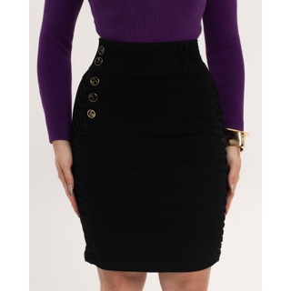 Saia Lápis Pince Black com Botões de Luxo e Cós Alto 7Pallas em Oferta na Shopee