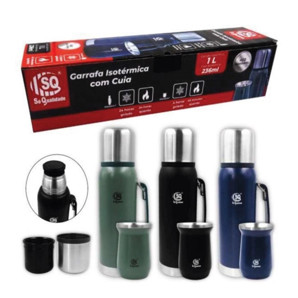 Garrafa Isotérmica 1 Litro + Cuia para Terere e Chumarrao SQ para Agua Gelada e Fria - Azul Escuro