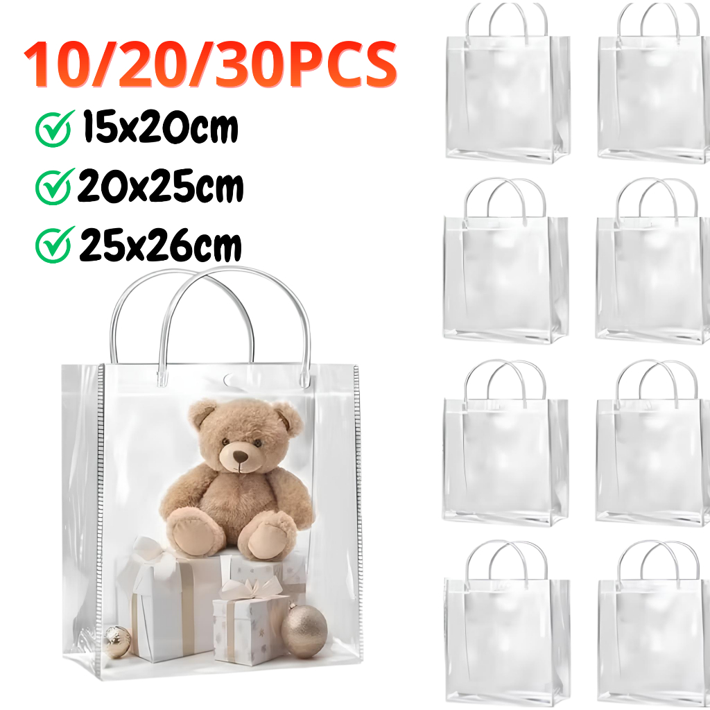 Kit 10/20/30 Sacola Plástica Alça Transparente PVC Reutilizável Para Presente Lembrancinha Festa Convidados em Oferta na Shopee