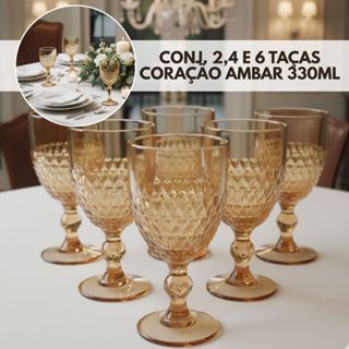 Jogo 2,4 e 6 Taças para Água Vinho de Cristal Lapidado Coração Âmbar Metalizado 320ml Lyor em Oferta na Shopee