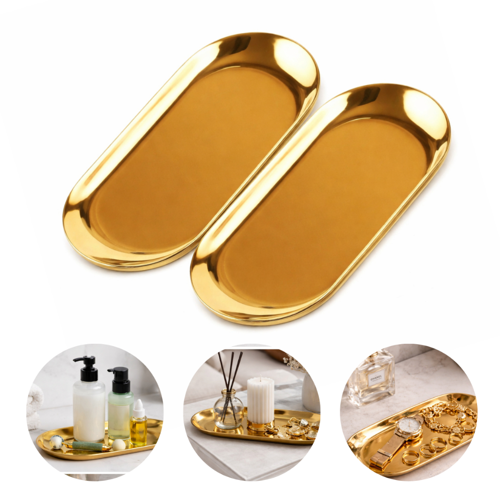 Kit 2 Bandeja Dourada Oval Luxo Espelhada Acessório Aço Inox Cozinha Banheiro Lavabo Toalete em Oferta na Shopee
