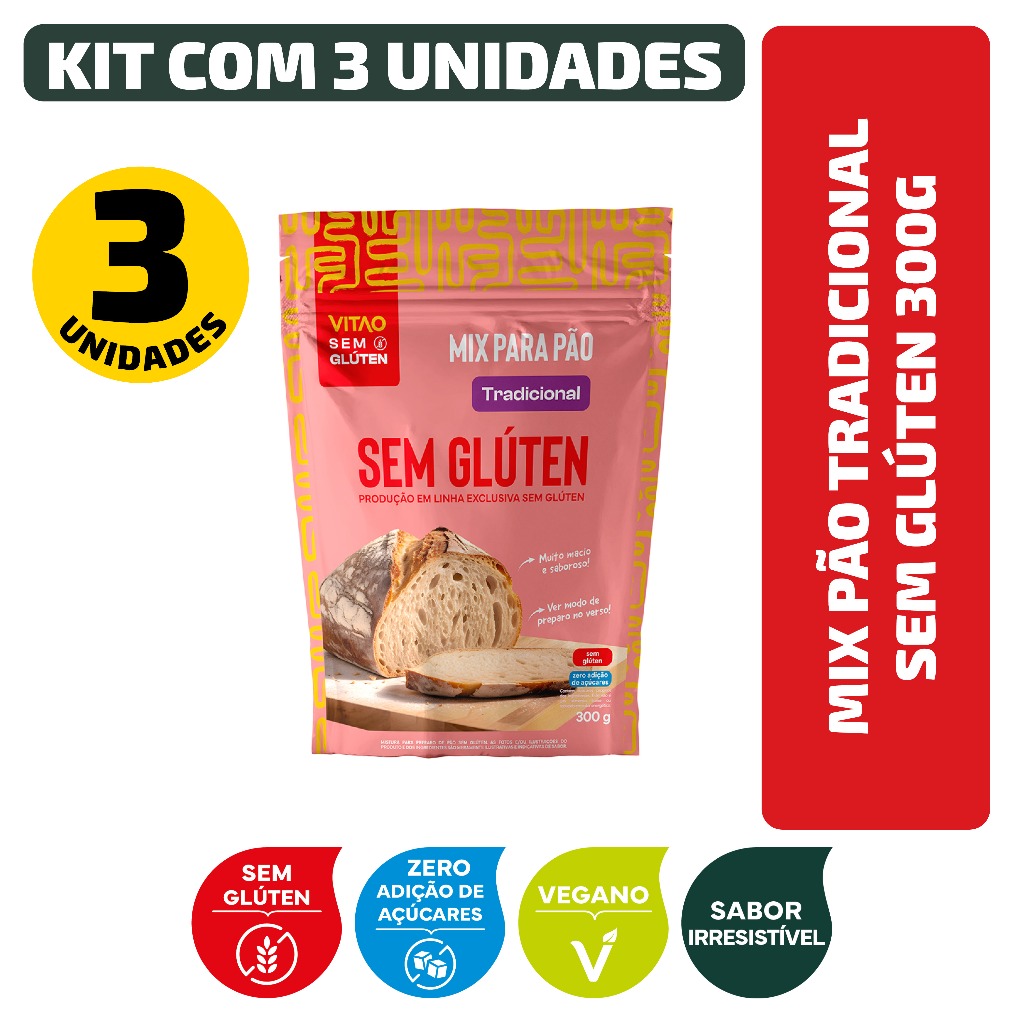 Kit Mix Pão Tradicional Sem Glúten 300G -3 Unidades