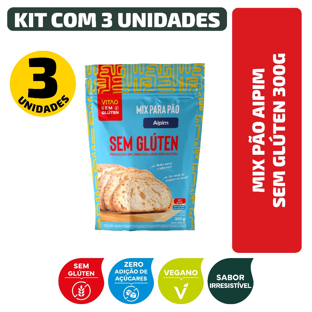 Kit Mix Pão Aipim Sem Glúten 300G - 3 Unidades em Oferta na Shopee