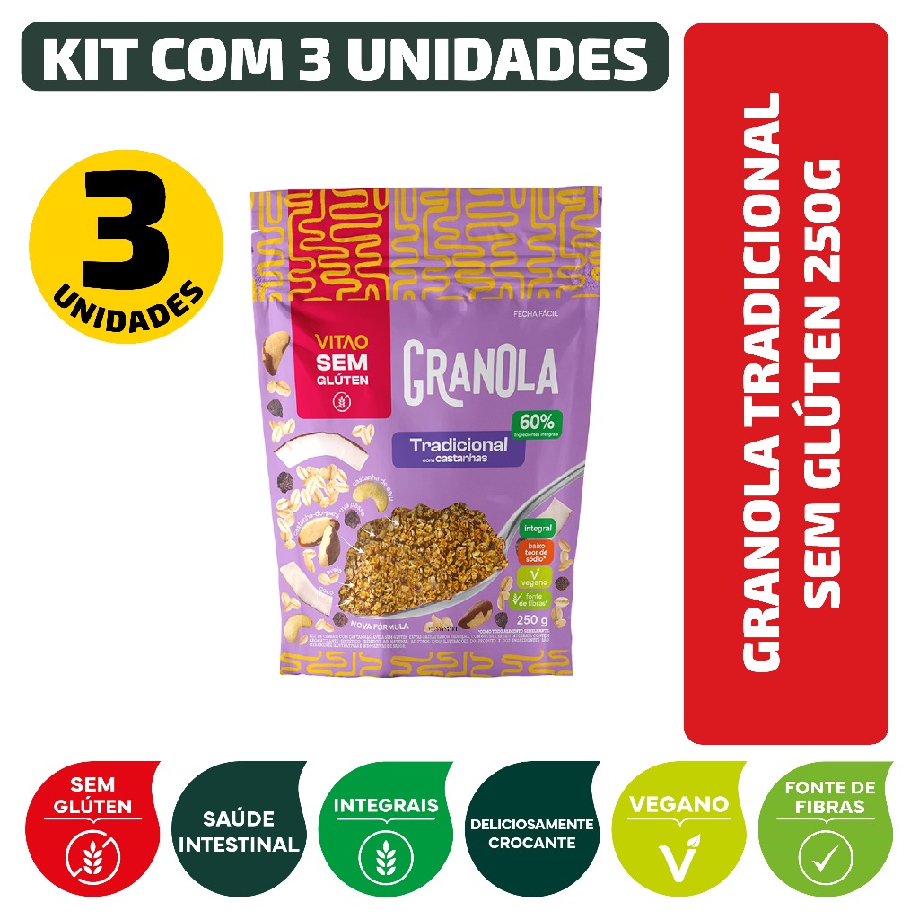 Kit Granola Tradicional Sem Glúten 250G - 3 Unidades em Oferta na Shopee