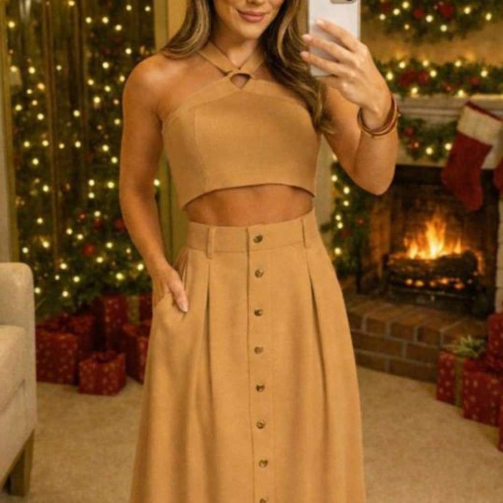 Conjunto Feminino Cropped Halter Com Bojo e Lastex Nas Costas Saia Longa Com Bolso e Botões Frontais Dourados Elegante