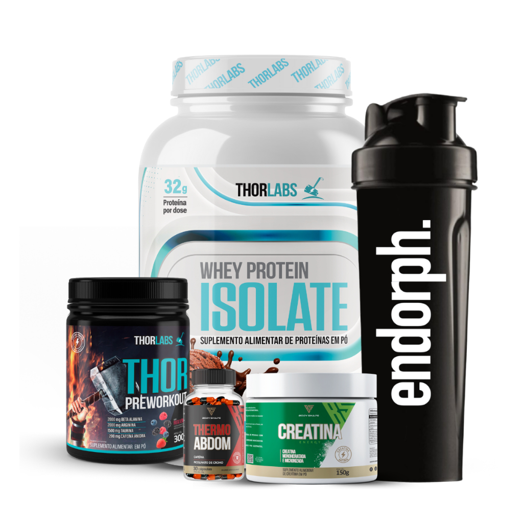 Kit Whey Protein Isolate 900g Pote + Pré Treino + Creatina 150g + Thermo Abdom + Coqueteleira em Oferta na Shopee