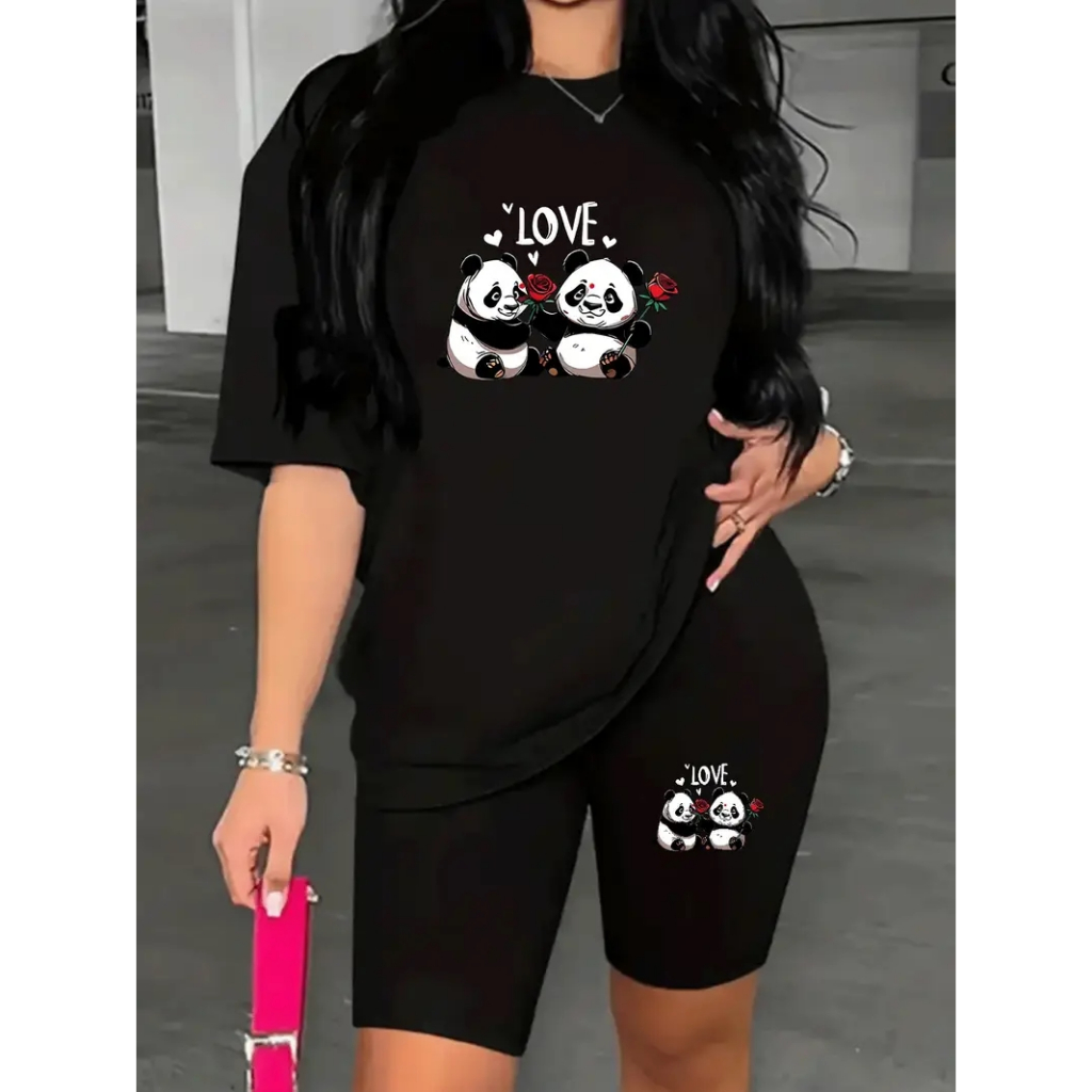 CONJUNTO FEMININO ACADEMIA BERMUDA LEGGING+CAMISETA CASUAL PANDA LOVE em Oferta na Shopee