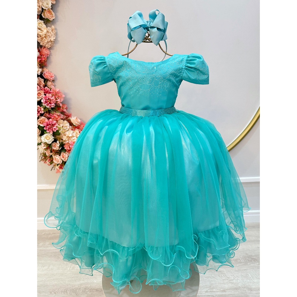 Vestido Infantil Longo Verde Azul Turquesa Brilho Festa Social Gala Luxo Dama Florista Princesa