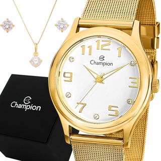 Relógio Champion Feminino Dourado Prova d'água com 1 ano de garantia e colar e brincos em Oferta na Shopee