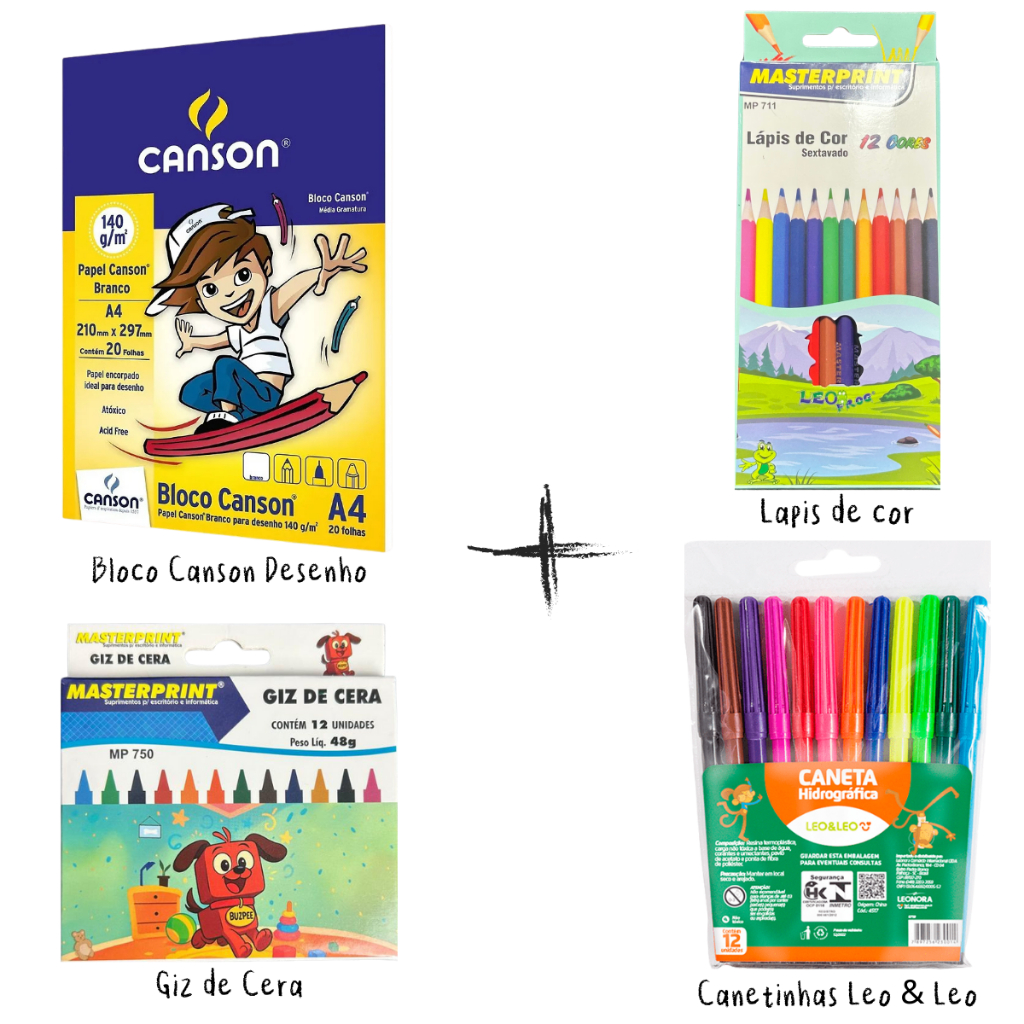Kit Escolar Infantil Desenho Completo Canson Lápis de Cor Giz Cera Canetinhas 12 Cores