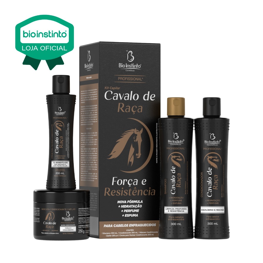 01 KIT CAPILAR CAVALO DE RAÇA - 4 Itens Bio Instinto Anti Queda Força Brilho Hidratação Salão Beleza