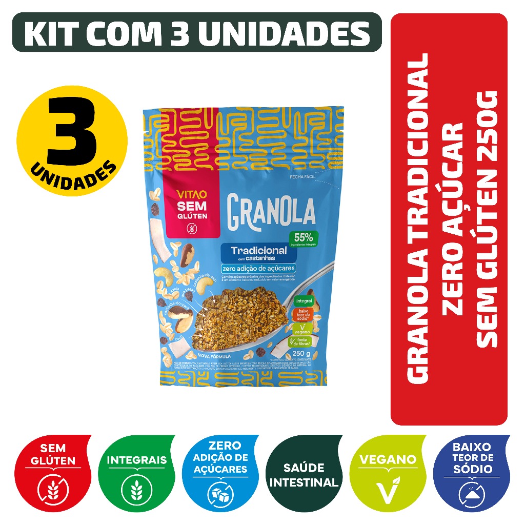 Kit Granola Tradicional Zero Açúcar Sem Glúten 250G - 3 Unidades em Oferta na Shopee