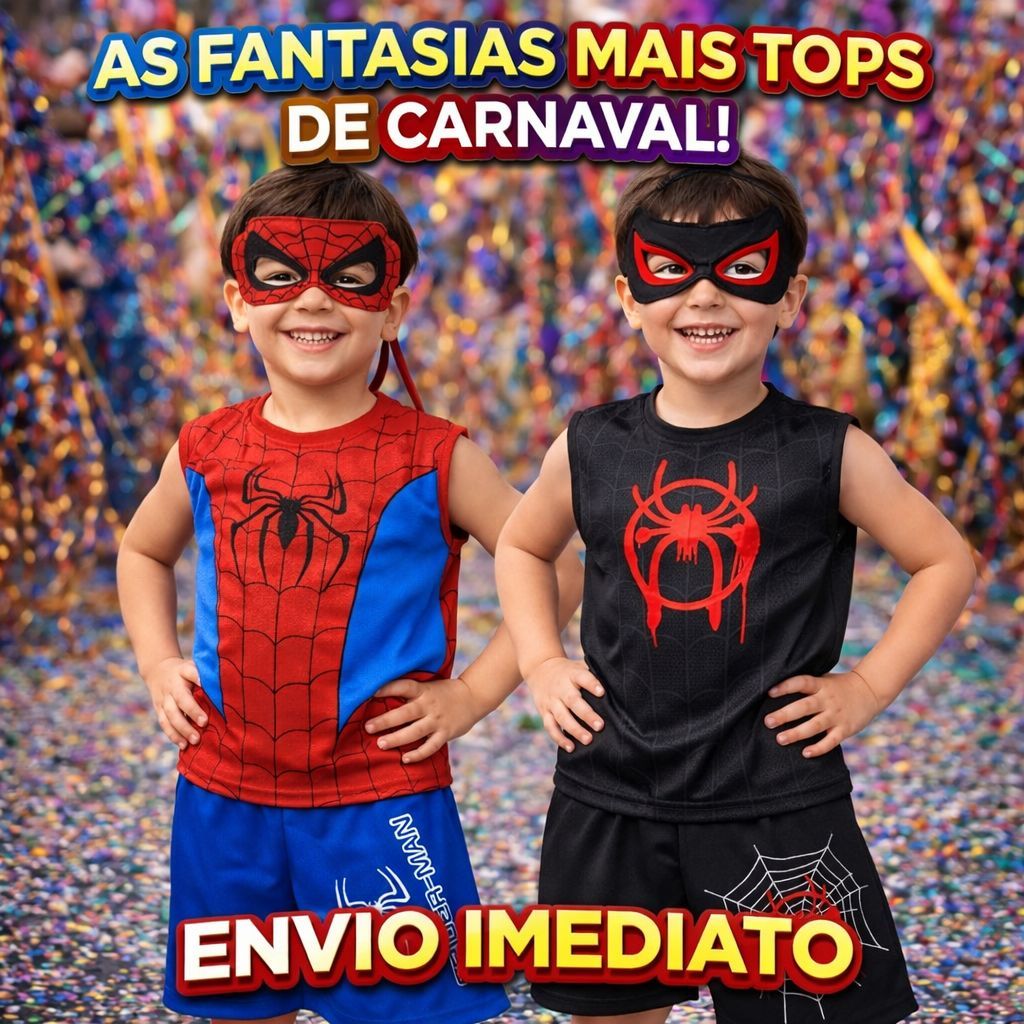 Fantasia Infantil Herói Aranha para Menino Regata e Bermuda com Máscara