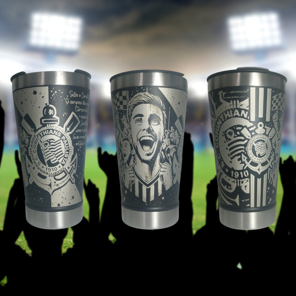 Copo Térmico 473ML com Tampa e Abridor Personalizado no laser 360º - Torcida Timão Corinthians