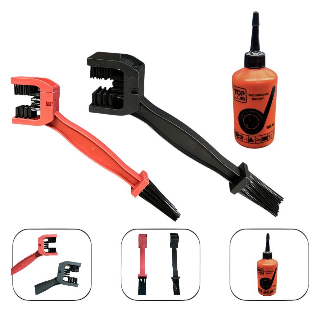 OLEO GRAFITADO + ESCOVA DUPLA LIMPEZA PARA CORRENTE TRANSMISSÃO MOTO BIKE UNIVERSAL