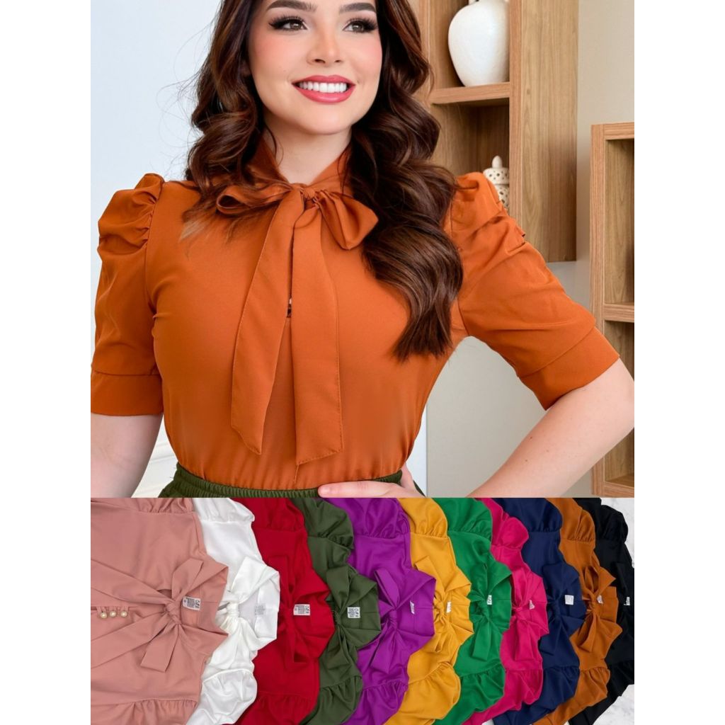 Blusa Social Manga Curta Bufante com laçinho N-8 em Oferta na Shopee