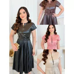 Vestido plissada de cirre com cinto fivela moda evangelica colecao inverno cod 082