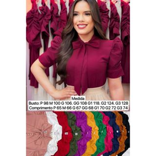 Blusa Social Manga Curta Bufante com laçinho N-8 em Oferta na Shopee