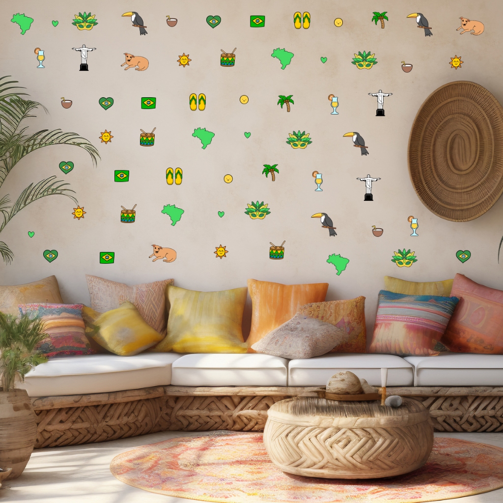 Kit 96 Adesivos Brasil Ícones Nacionais Design Decoração De Parede