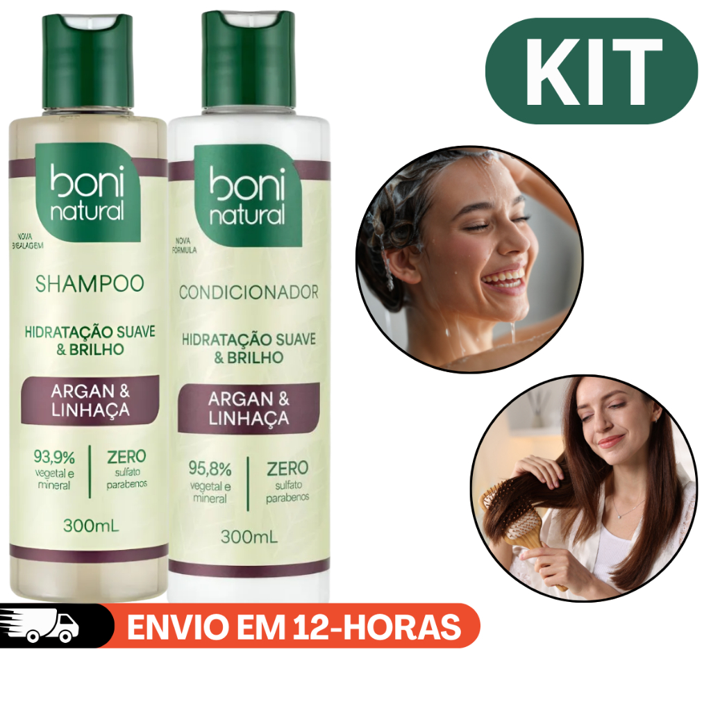 KIT VEGANO SHAMPOO + CONDICIONADOR ARGAN E LINHAÇA LIMPEZA E HIDRATAÇÃO SUAVE 300 ML BONI NATURAL