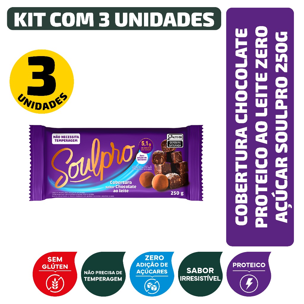 Kit Cobertura Sabor Chocolate Proteico Ao Leite Zero Açúcar Soulpro 250G - 3 Unidades em Oferta na Shopee