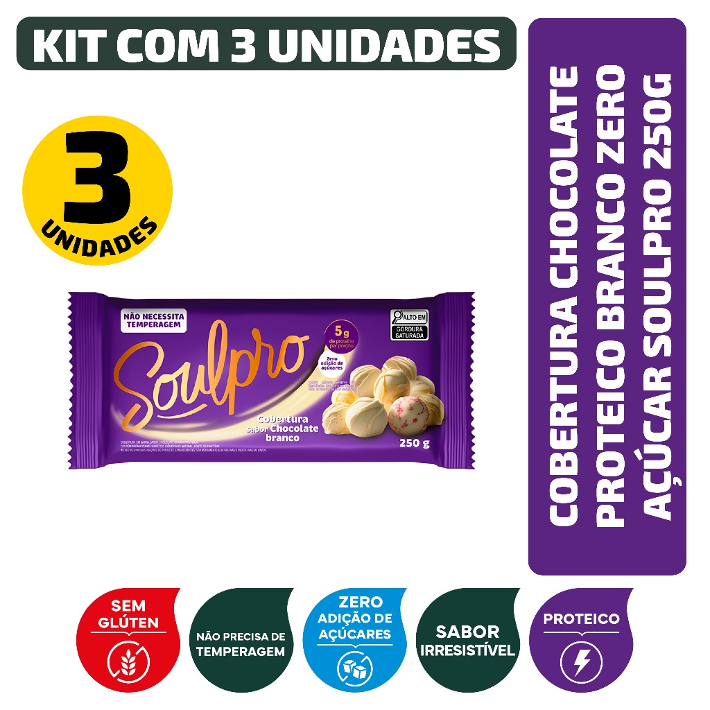 Kit Cobertura Sabor Chocolate Proteico Branco Zero Açúcar Soulpro 250G - 3 Unidades em Oferta na Shopee