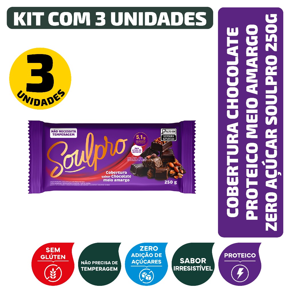 Kit Cobertura Sabor Chocolate Proteico Meio Amargo Zero Açúcar Soulpro 250G - 3 Unidades em Oferta na Shopee