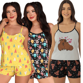Kit 3 Pijama Feminino Verão Malha Fria Alcinha Tradicional Toque Geladinho/Kit 3 Baby Doll Short Doll