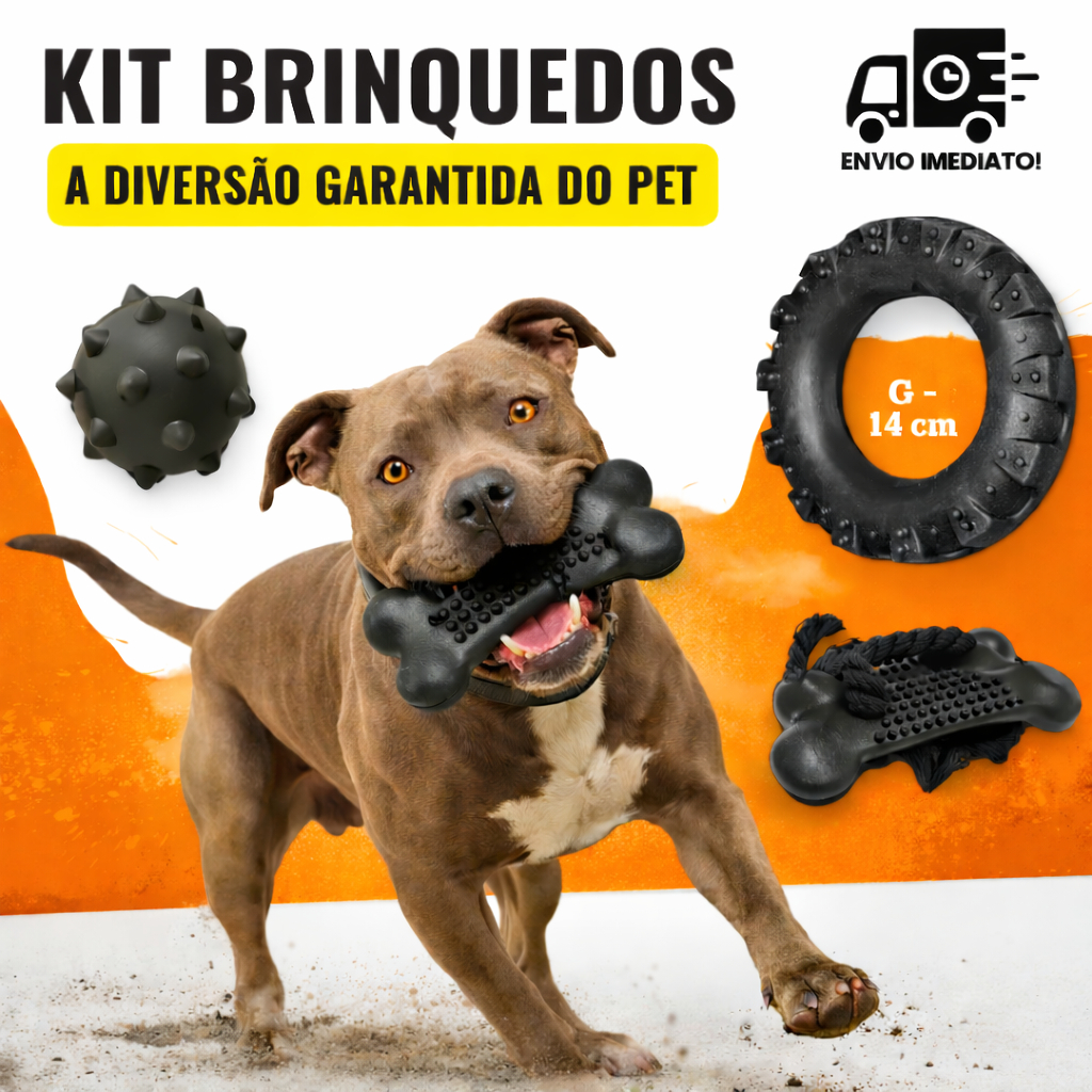 Kit Brinquedo Pet Mordedor Pneu G + Bola Cravo Maciça + Osso com Corda Black Grande para Cachorro