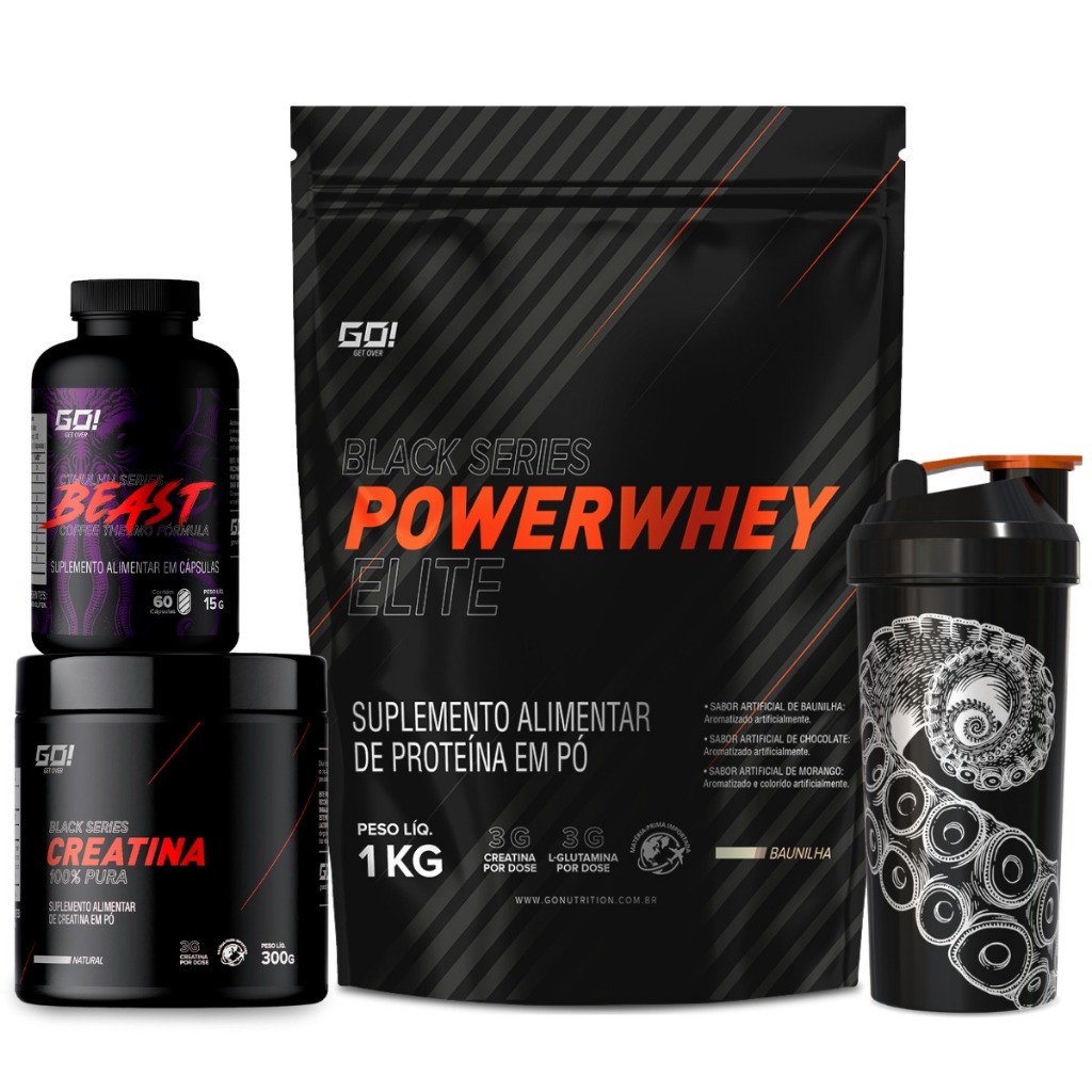 Whey Elite 1kg + Termogênico Beast 60 caps + Creatina 100% Pura 300g + Coqueteleira - GO! Nutrition