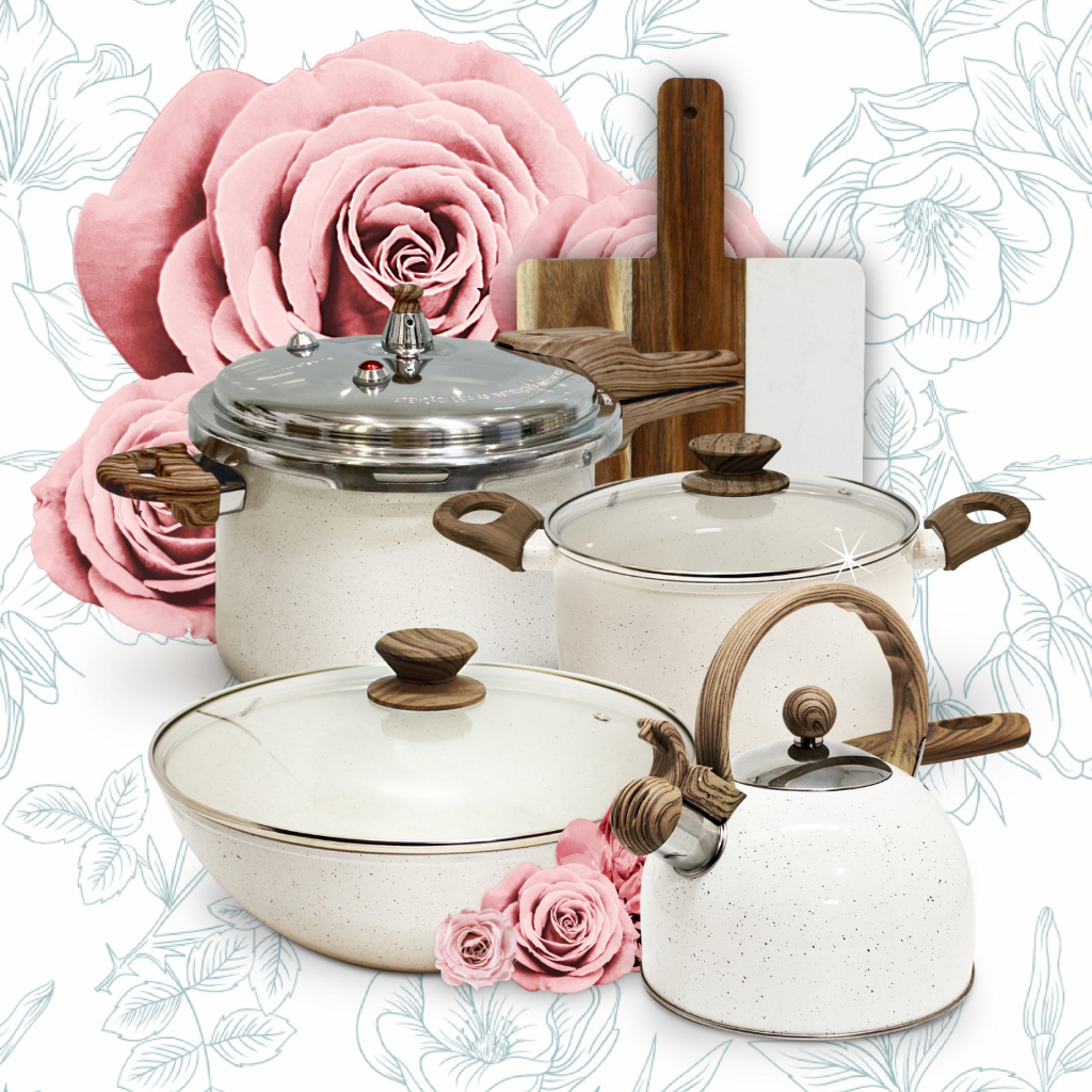 Imagem Panela de Pressão Cerâmica Profissional Mimo Style Indução + Wok Grande + Chaleira Vintage 5PC