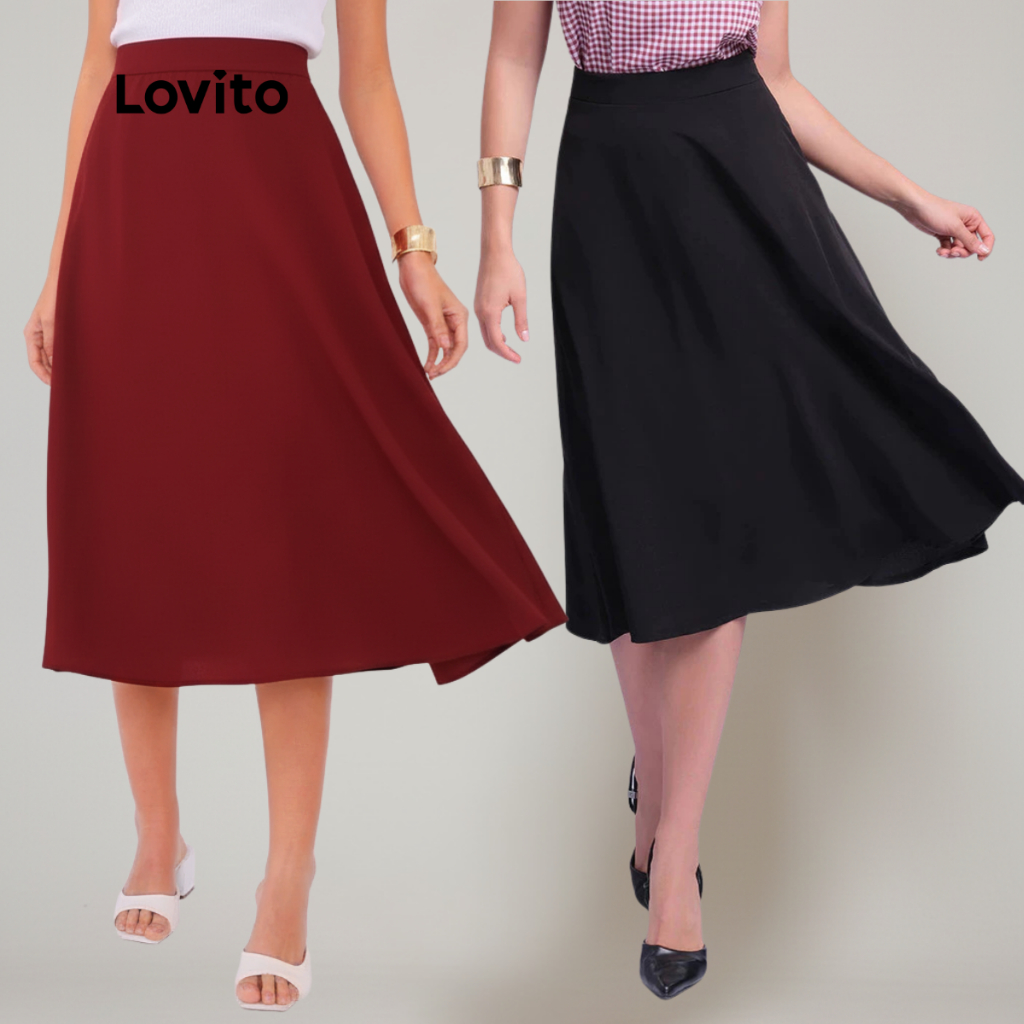 Lovito Saia Midi Rodada Vermelha e Preta Feminina Lisa LB412BRL441 em Oferta na Shopee