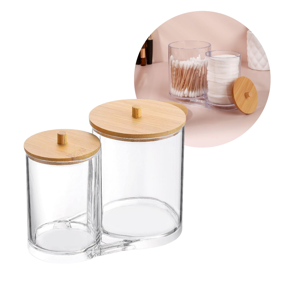 Porta Algodão e Cotonete Duplo Organizador Acrílico com Tampa de Bambu para Discos e Maquiagem em Oferta na Shopee