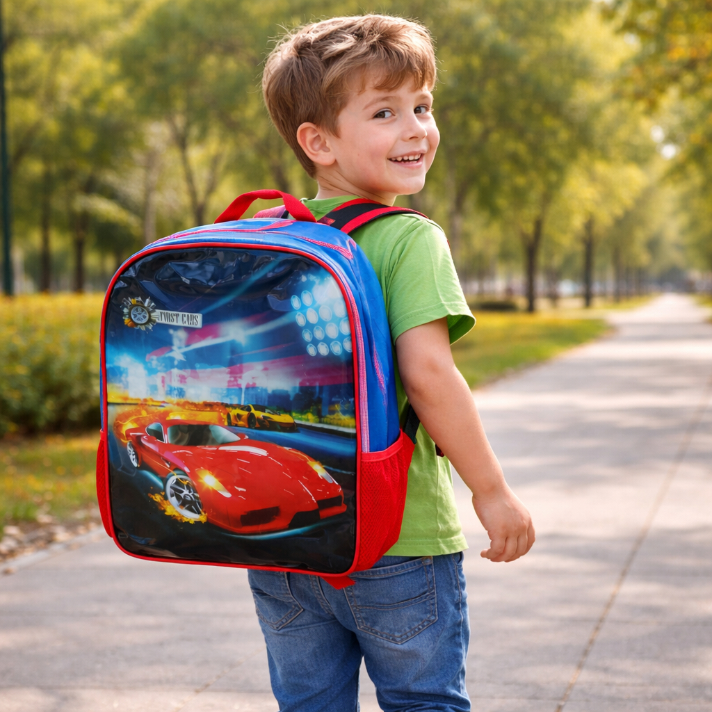 Mochila escolar  de alças reforçadas vermelha carros para menino para creche, passeio, viagens,  colégio.
