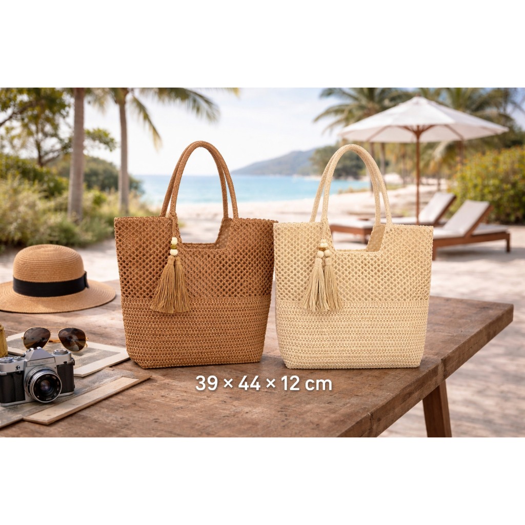 Bolsa Feminina de Palha com Alça de Ombro, Chaveiro Franja bolinhas e Ziper trançado -JXC108 em Oferta na Shopee