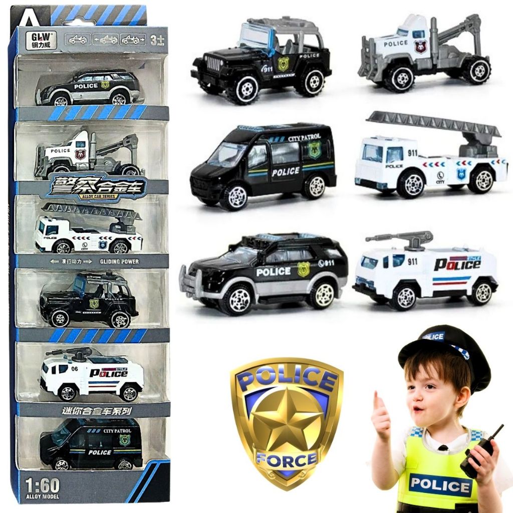 Kit 6 Carrinhos de Metal Hot Cars Miniatura Brinquedo Coleção Policia Carros de ferro colecionável