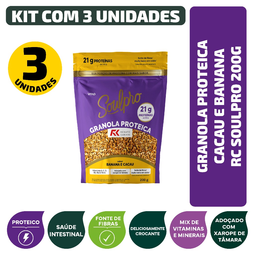 Kit Granola Proteica Cacau E Banana RC Soulpro 200G - 3 Unidades em Oferta na Shopee