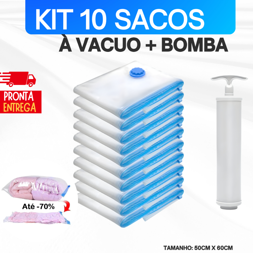 Kit 10 Saco a Vacuo Organização de Roupas 50x60 Mala Viagem Guarda Roupa Bomba Manual