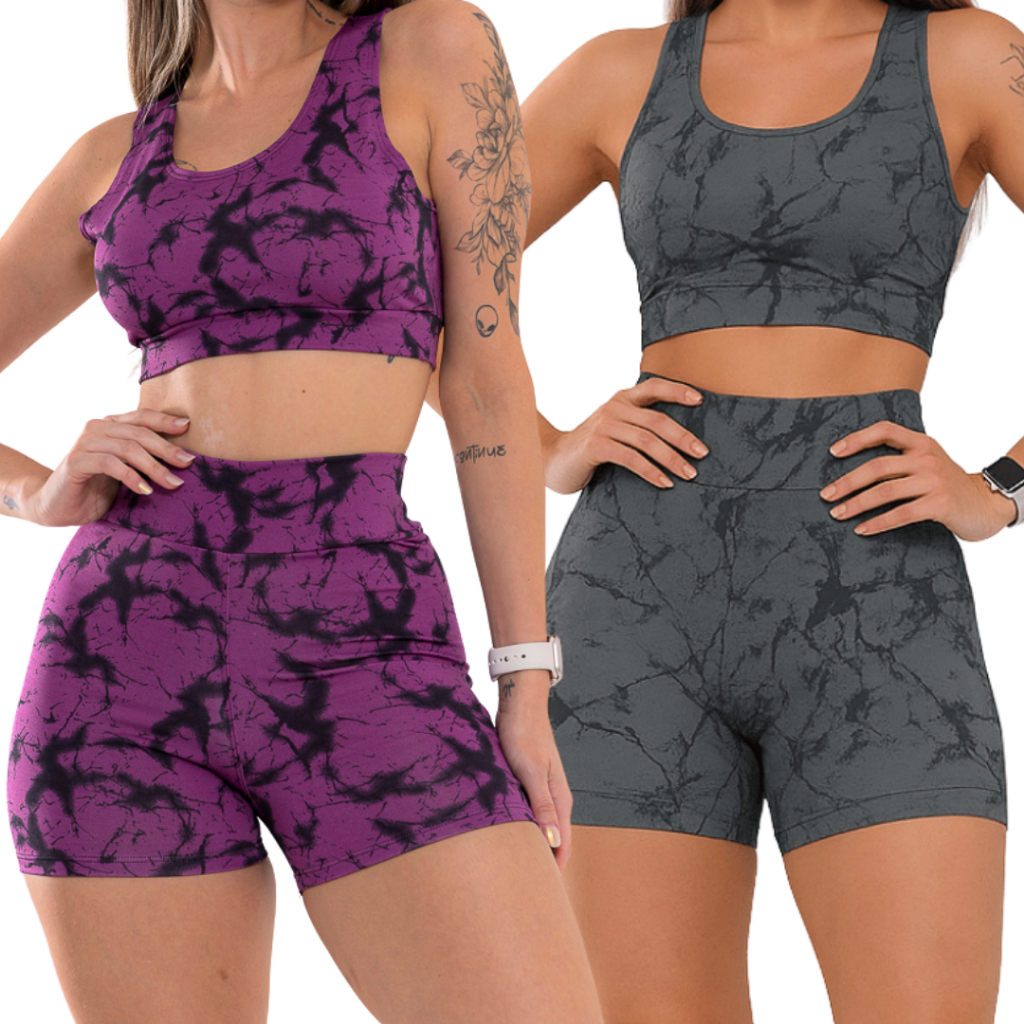 Kit 2 Conjunto Tie Dye Shortinho + Top Fitness Caminhada Academia Cross